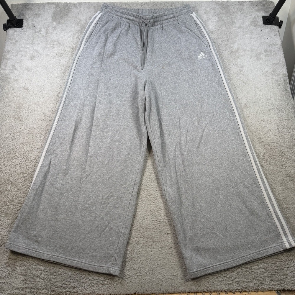 Adidas Sweatpants Womens XL Grey Fleece Drawstring Baggy Wide Leg 3 Stripe